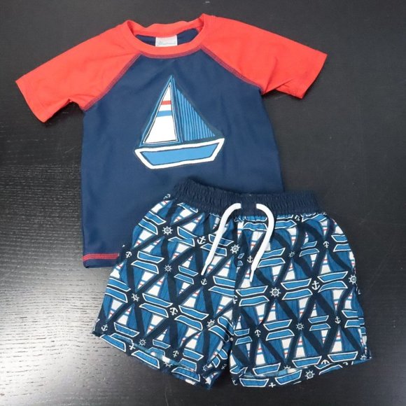 Floatimini Baby Boy's 24M Nautical Sailboat 2pc Beach Swim Top & Trunks Set - Picture 1 of 6